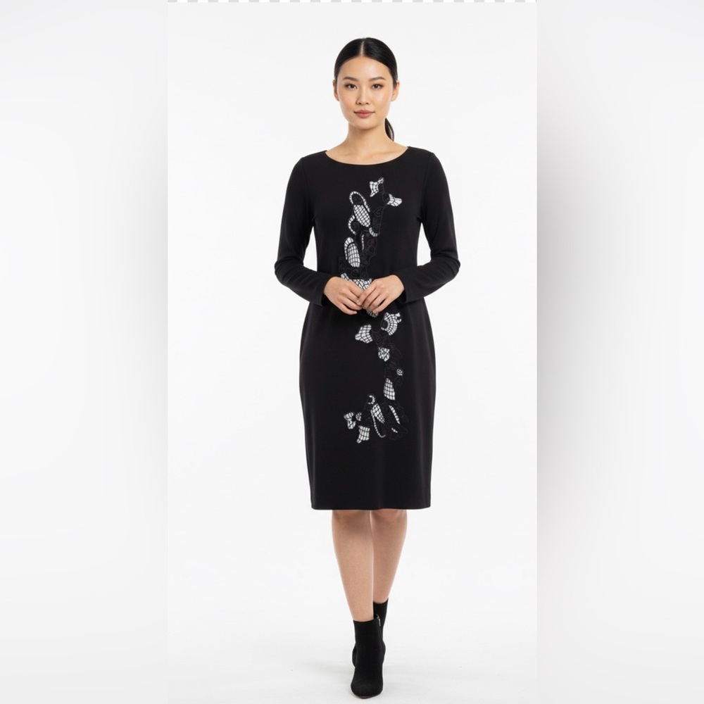 Escada Sport Black Dress ,Lace Appliqué Cutout Detail 3/4 Sleeve Size 42 (US 12)